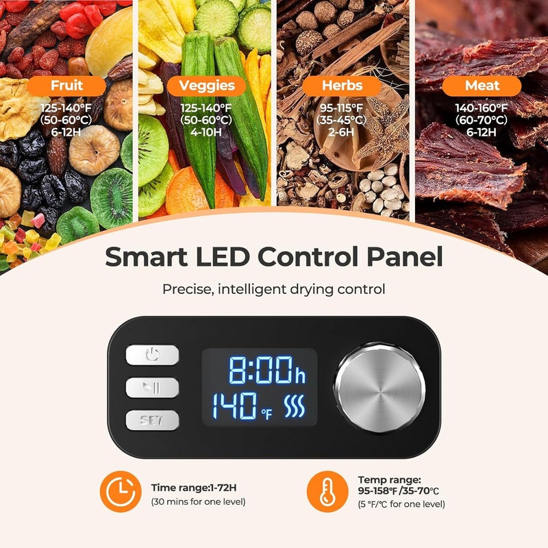 OSTBA 8-Tray Food Dehydrator, 72H Timer & Temp Control up to 158℉, Includes 8 Mesh Sheets, 1 Fruit Roll Tray, 1 Tongs, Recipe Book for Jerky, Fruit, Meat, Vegetables, Herbs, BPA-Free - Image 2